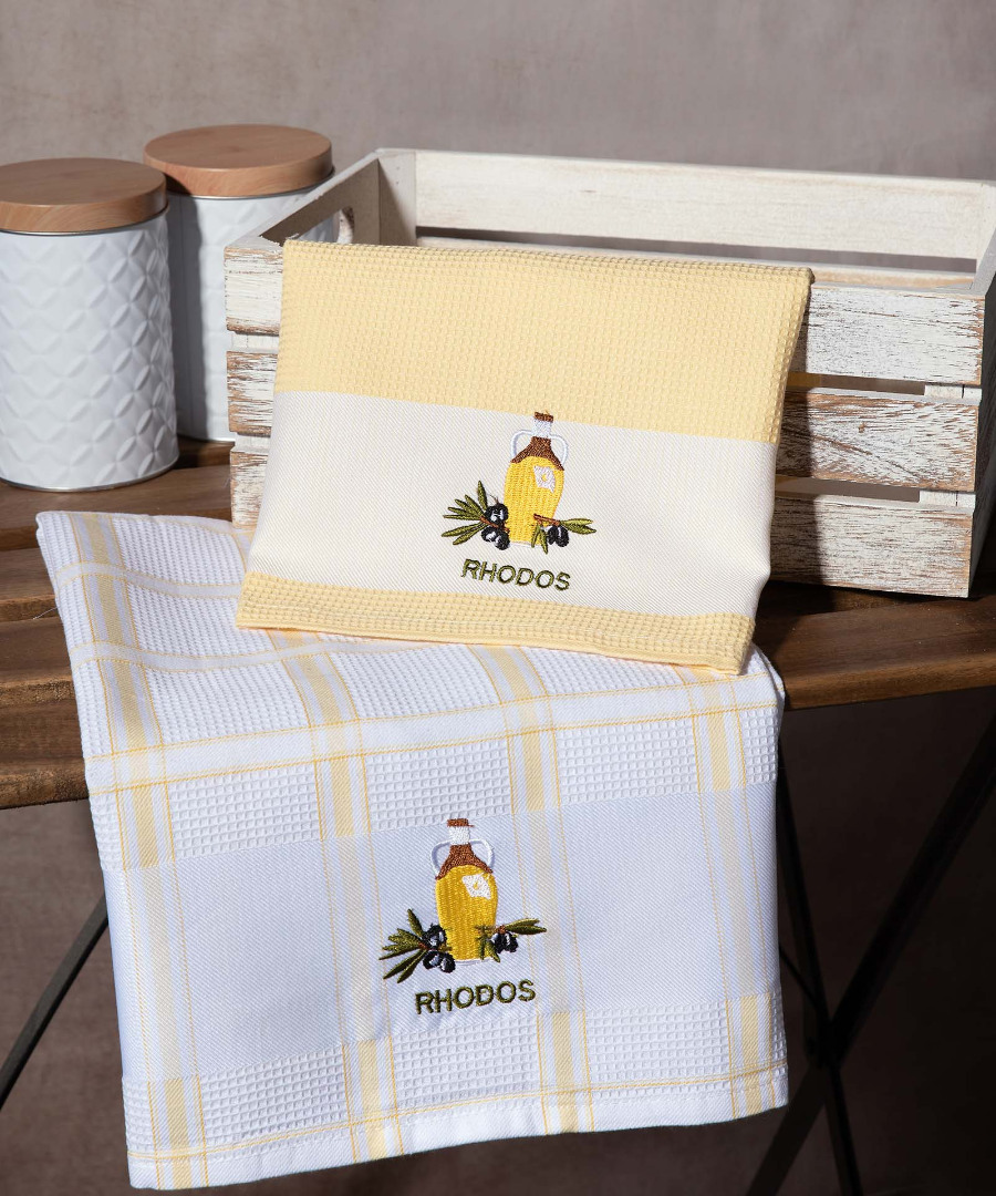 rodos-kitrino-mpotilia Σετ 2 τεμαχίων ποτηρόπανα (50cm x 70cm) γλάστρα κίτρινο RHODES SilkFashion - Image 1