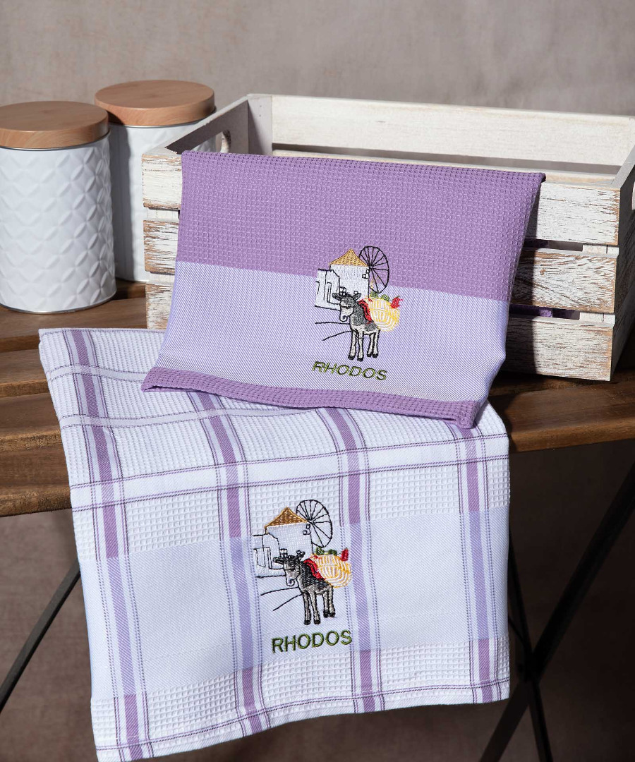 rodos-lila-anemomylos Σετ 2 τεμαχίων ποτηρόπανα (50cm x 70cm) ανεμόμυλος λιλά RHODES SilkFashion - Image 1