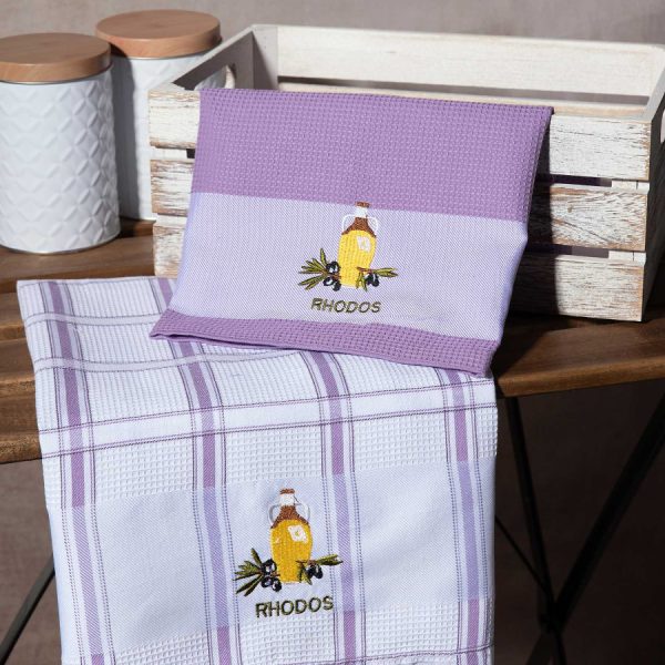 Σετ 2 τεμαχίων ποτηρόπανα (50cm x 70cm) μπουκάλι λιλά RHODES SilkFashion