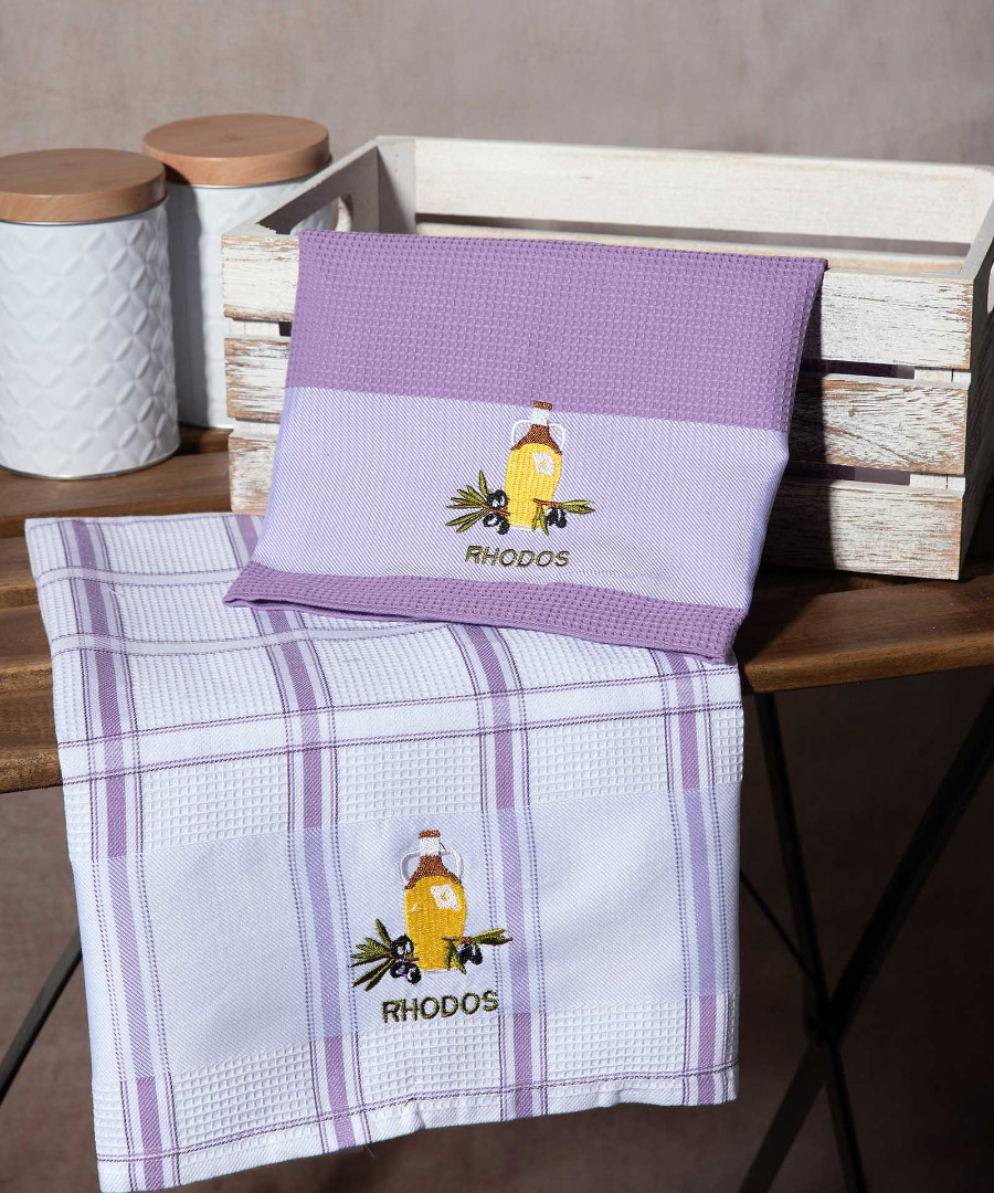rodos-lila-mpotilia Σετ 2 τεμαχίων ποτηρόπανα (50cm x 70cm) μπουκάλι λιλά RHODES SilkFashion - Image 1