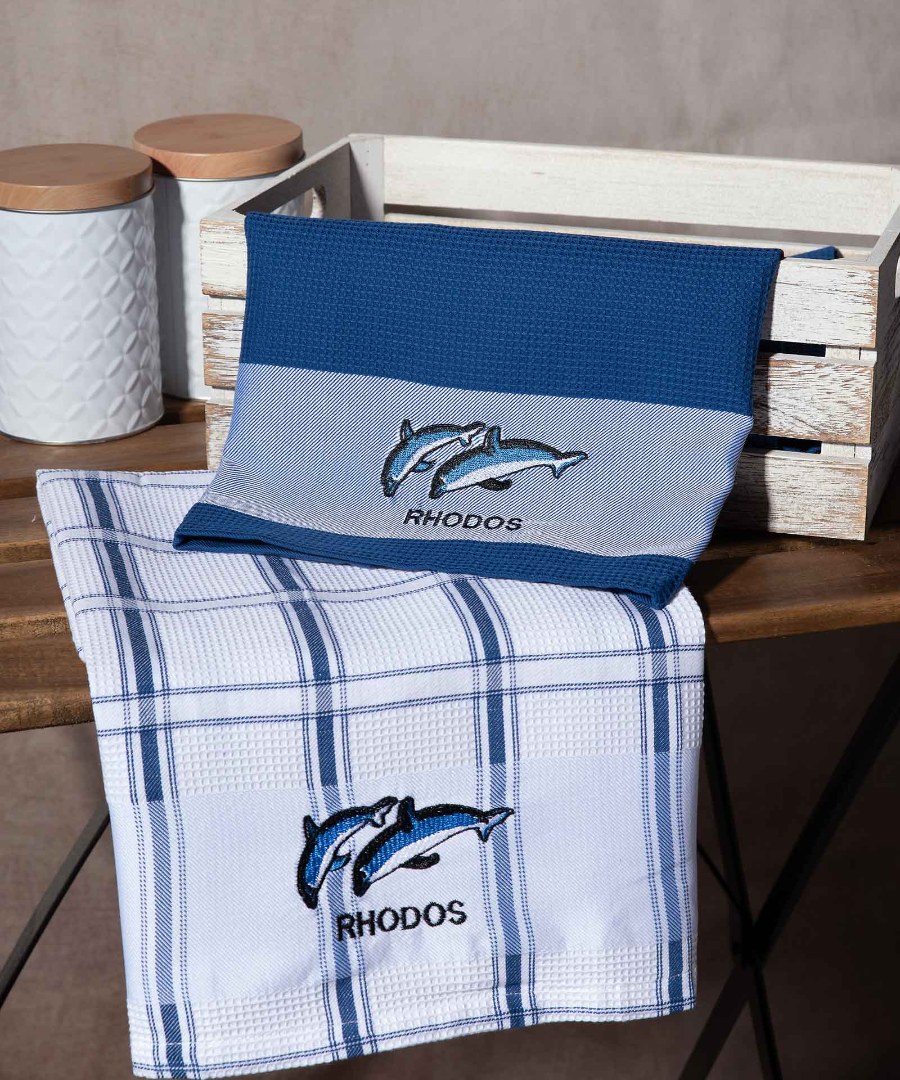 rodos-mple-delfini Σετ 2 τεμαχίων ποτηρόπανα (50cm x 70cm) μπλέ δελφίνι RHODES SilkFashion - Image 1