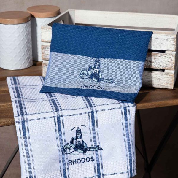 Σετ 2 τεμαχίων ποτηρόπανα (50cm x 70cm) μπλέ φάρος RHODES SilkFashion