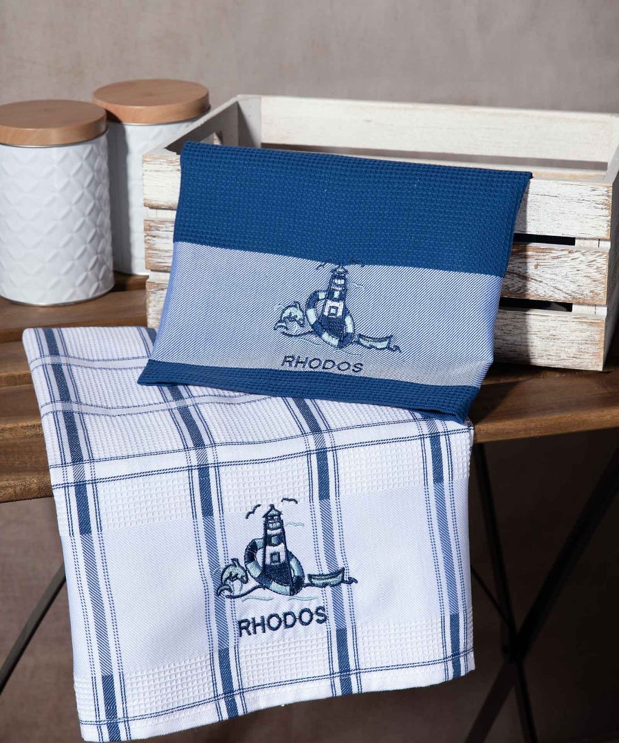 rodos-mple-faros Σετ 2 τεμαχίων ποτηρόπανα (50cm x 70cm) μπλέ φάρος RHODES SilkFashion - Image 1