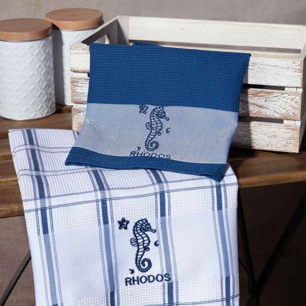 Σετ 2 τεμαχίων ποτηρόπανα (50cm x 70cm) μπλέ ιππόκαμπος RHODES SilkFashion