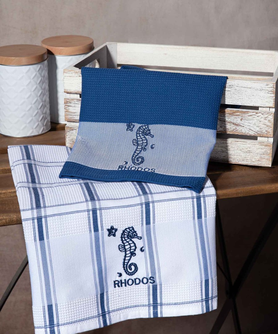 rodos-mple-ippokampos Σετ 2 τεμαχίων ποτηρόπανα (50cm x 70cm) μπλέ ιππόκαμπος RHODES SilkFashion - Image 1