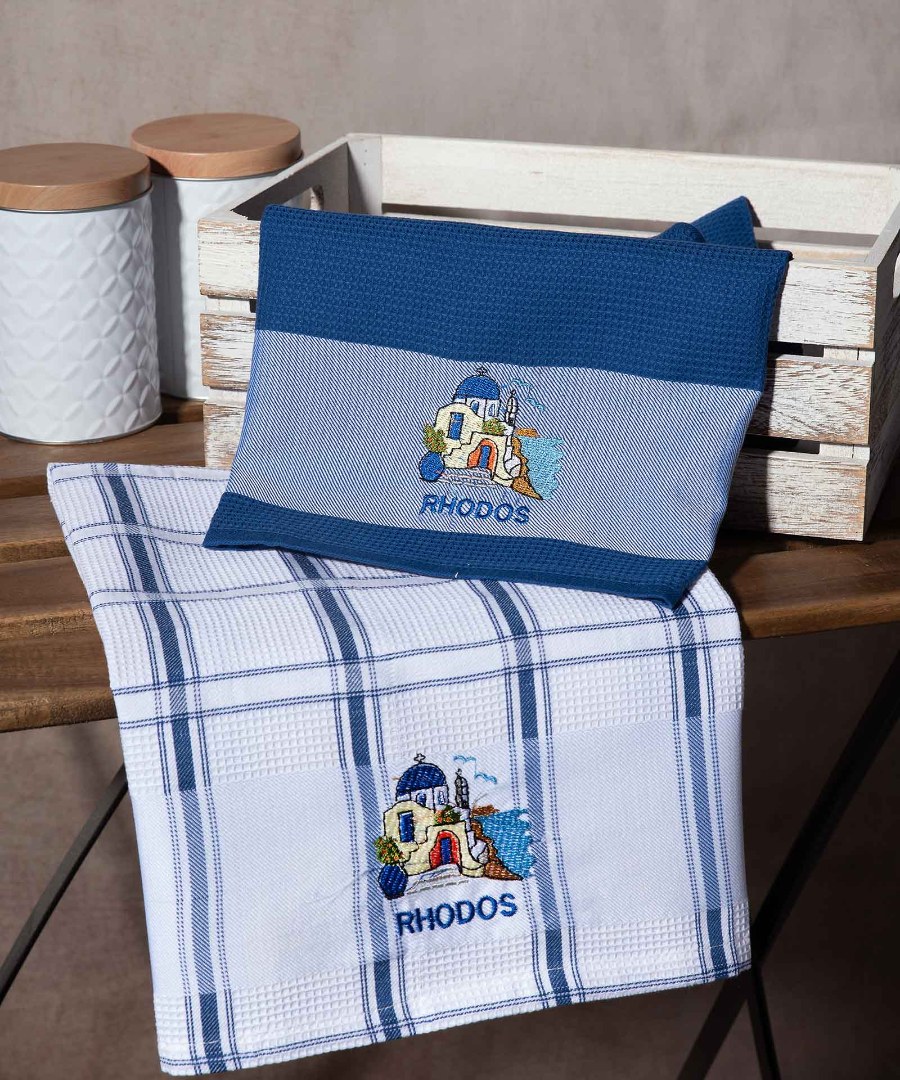 rodos-mple-naos Σετ 2 τεμαχίων ποτηρόπανα (50cm x 70cm) μπλέ εκκλησία RHODES SilkFashion - Image 1
