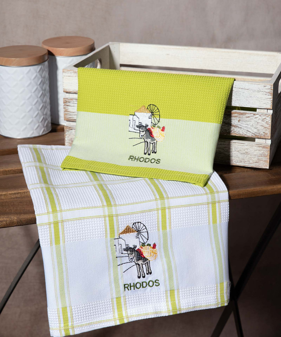 rodos-prasino-anemomylos Σετ 2 τεμαχίων ποτηρόπανα (50cm x 70cm) ανεμόμυλος πράσινο RHODES SilkFashion - Image 1