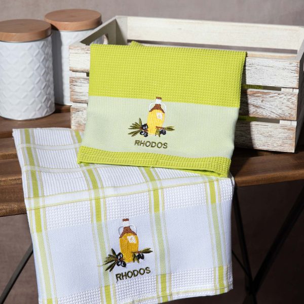 Σετ 2 τεμαχίων ποτηρόπανα (50cm x 70cm) μπουκάλι πράσινο RHODES SilkFashion