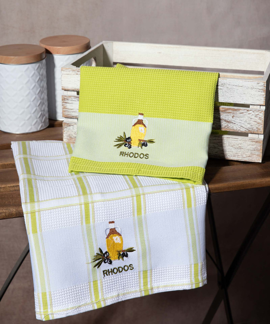 rodos-prasino-mpotilia Σετ 2 τεμαχίων ποτηρόπανα (50cm x 70cm) μπουκάλι πράσινο RHODES SilkFashion - Image 1