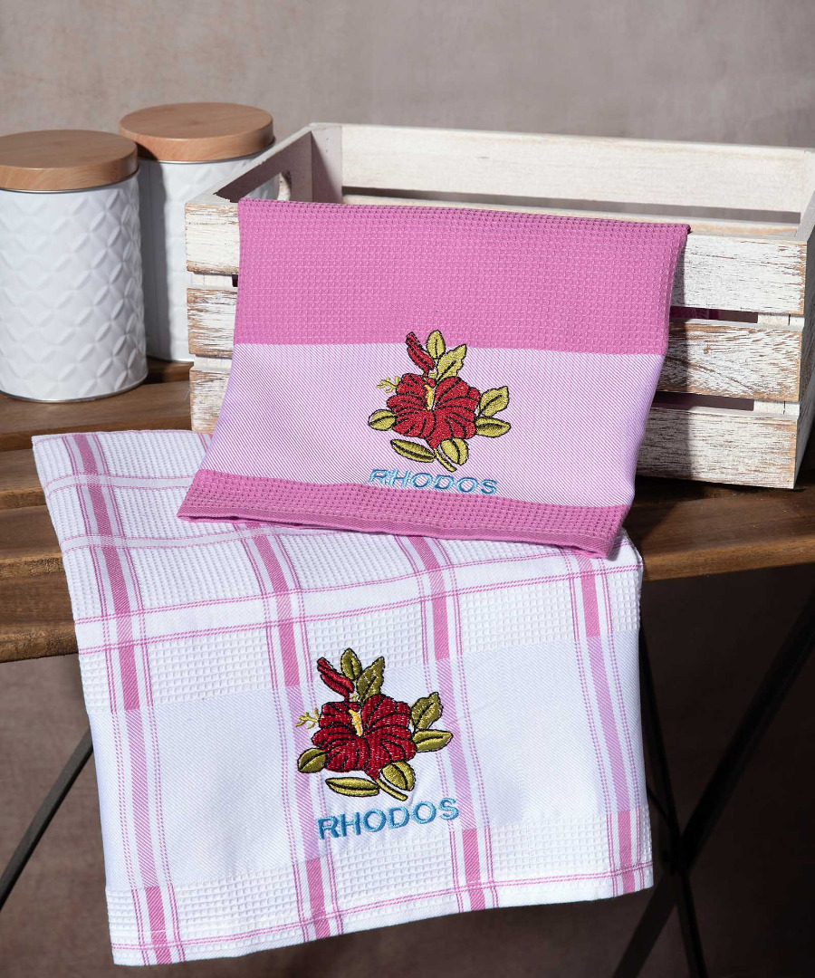 rodos-roz-loyloydi Σετ 2 τεμαχίων ποτηρόπανα (50cm x 70cm) ρόζ λουλούδι RHODES SilkFashion - Image 1