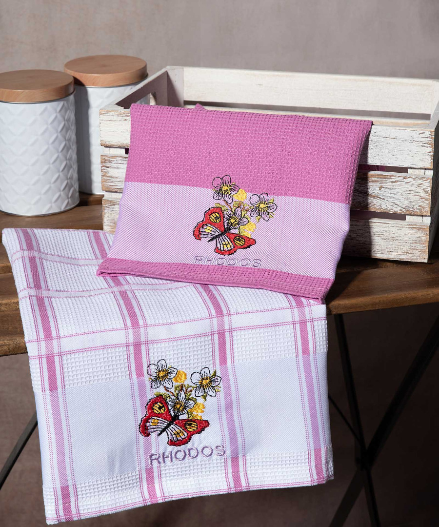 rodos-roz-petalouda Σετ 2 τεμαχίων ποτηρόπανα (50cm x 70cm) ρόζ πεταλούδα RHODES SilkFashion - Image 1