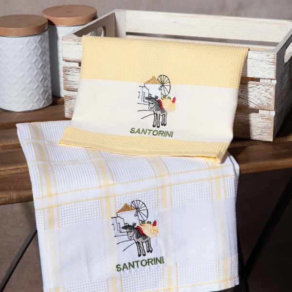 Σετ 2 τεμαχίων ποτηρόπανα (50cm x 70cm) ανεμόμυλος κίτρινο SANTORINI SilkFashion