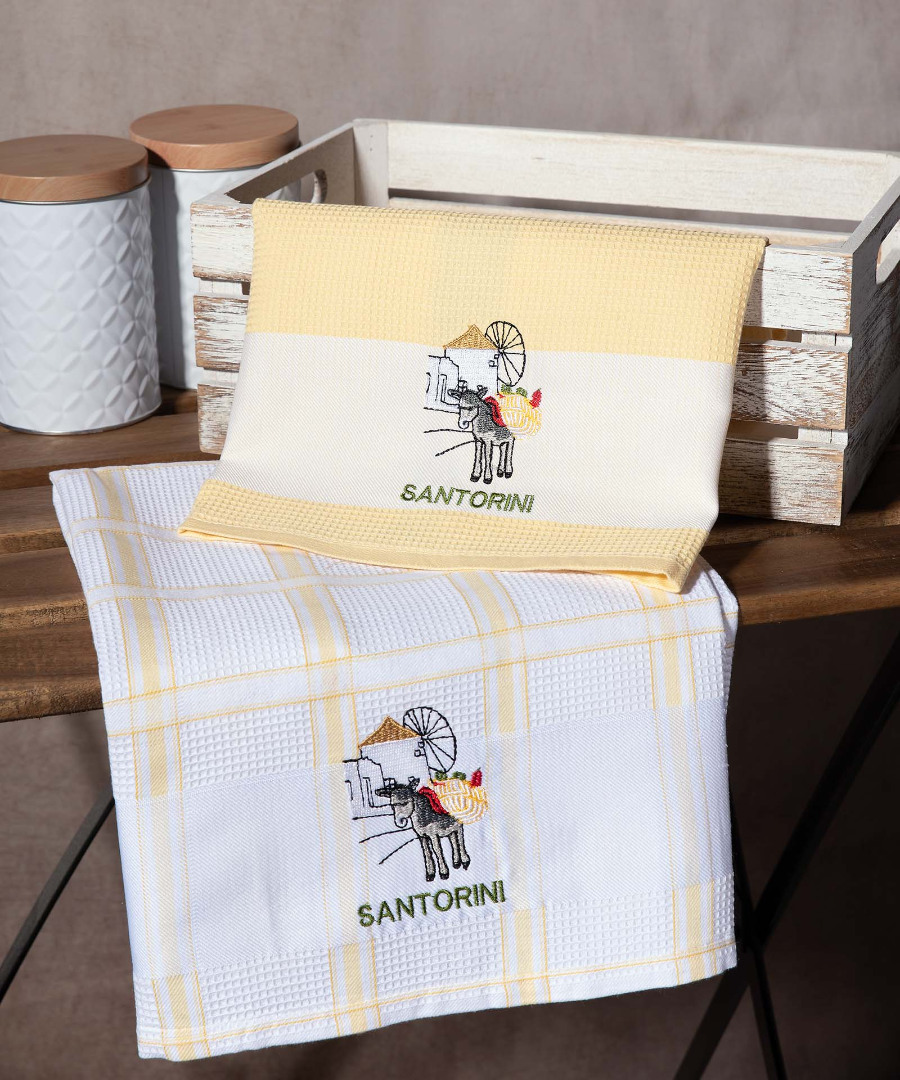 santorini-kitrino-anemomylos Σετ 2 τεμαχίων ποτηρόπανα (50cm x 70cm) ανεμόμυλος κίτρινο SANTORINI SilkFashion - Image 1