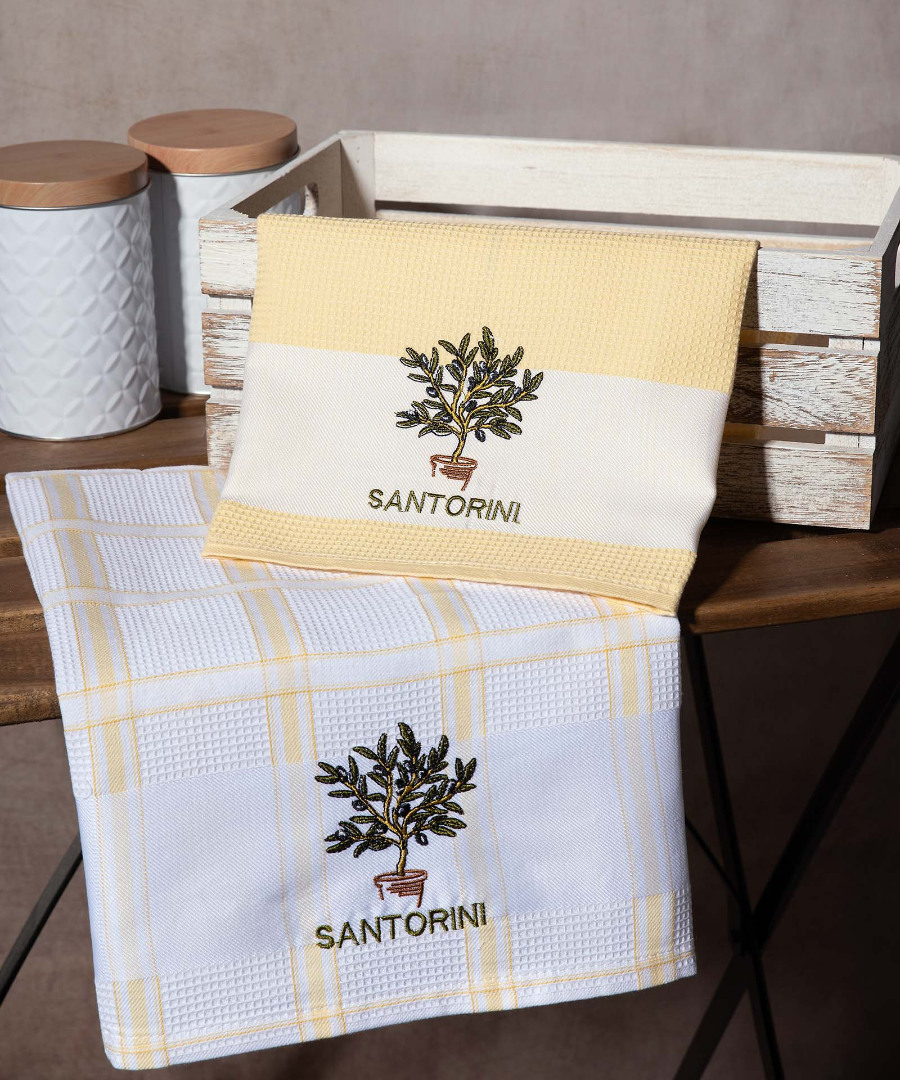 santorini-kitrino-glastra Σετ 2 τεμαχίων ποτηρόπανα (50cm x 70cm) γλάστρα κίτρινο SANTORINI SilkFashion - Image 1