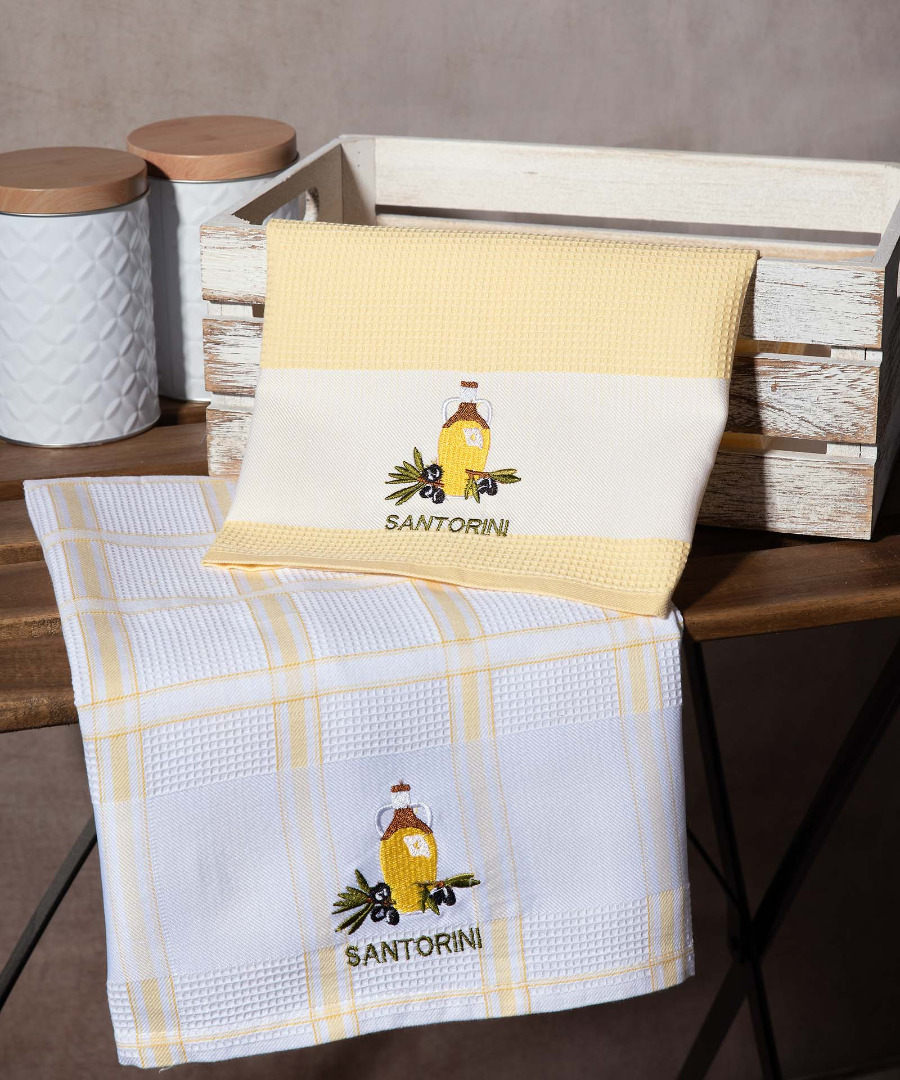santorini-kitrino-mpotilia Σετ 2 τεμαχίων ποτηρόπανα (50cm x 70cm) μπουκάλι κίτρινο SANTORINI SilkFashion - Image 1