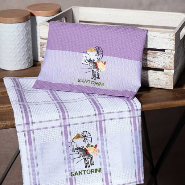 Σετ 2 τεμαχίων ποτηρόπανα (50cm x 70cm) ανεμόμυλος λιλά SANTORINI SilkFashion