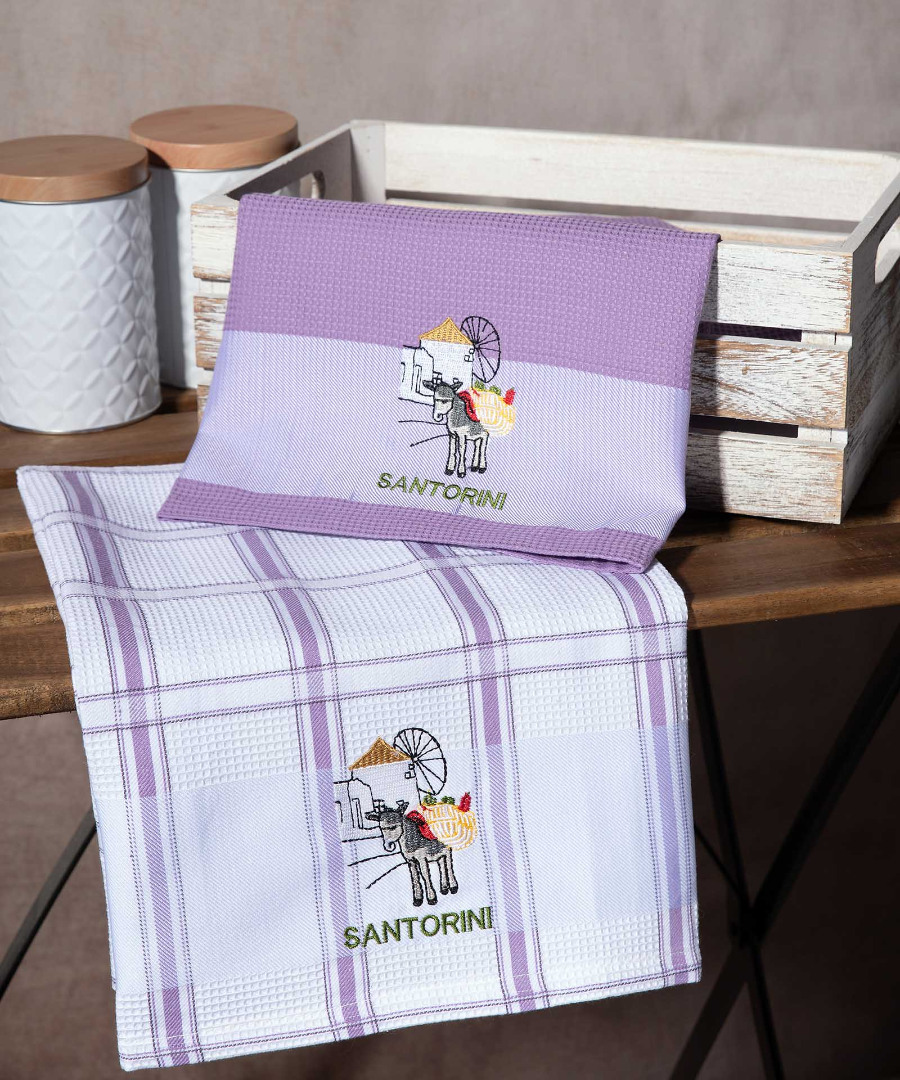 santorini-lila-anemomylos Σετ 2 τεμαχίων ποτηρόπανα (50cm x 70cm) ανεμόμυλος λιλά SANTORINI SilkFashion - Image 1