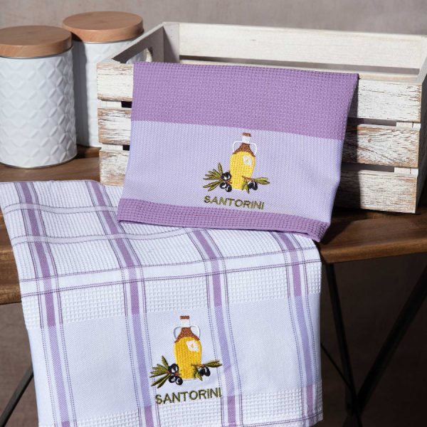Σετ 2 τεμαχίων ποτηρόπανα (50cm x 70cm) μπουκάλι λιλά SANTORINI SilkFashion