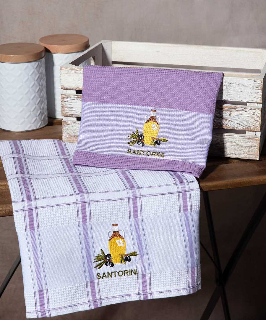 santorini-lila-mpotilia Σετ 2 τεμαχίων ποτηρόπανα (50cm x 70cm) μπουκάλι λιλά SANTORINI SilkFashion - Image 1