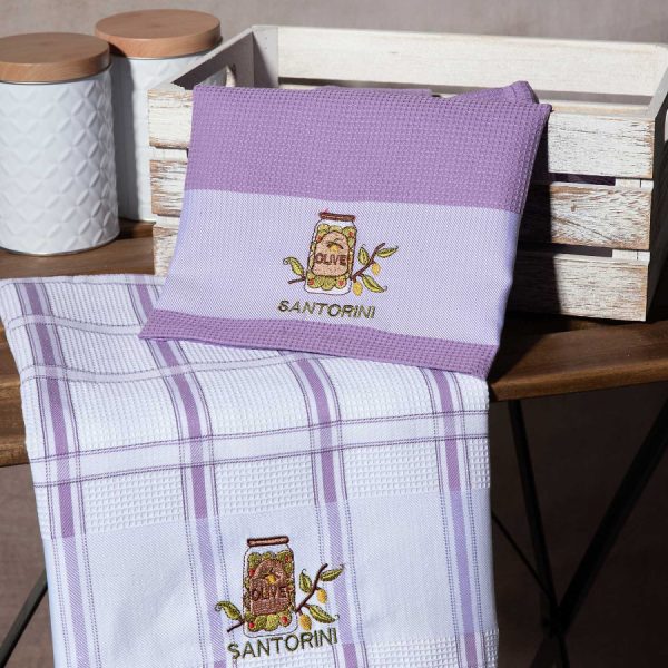 Σετ 2 τεμαχίων ποτηρόπανα (50cm x 70cm) βάζο λιλά SANTORINI SilkFashion