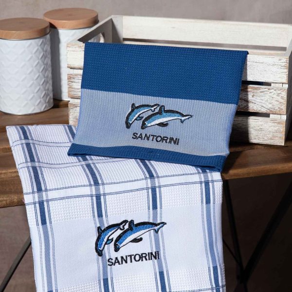 Σετ 2 τεμαχίων ποτηρόπανα (50cm x 70cm) μπλέ δελφίνι SANTORINI SilkFashion