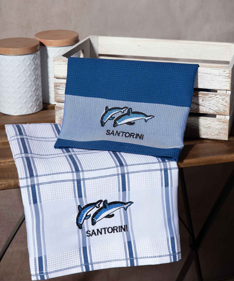 santorini-mple-delfini Σετ 2 τεμαχίων ποτηρόπανα (50cm x 70cm) μπλέ δελφίνι SANTORINI SilkFashion - Image 1