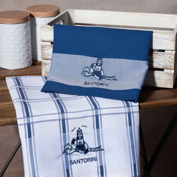 Σετ 2 τεμαχίων ποτηρόπανα (50cm x 70cm) μπλέ φάρος SANTORINI SilkFashion