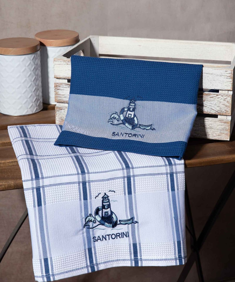 santorini-mple-faros Σετ 2 τεμαχίων ποτηρόπανα (50cm x 70cm) μπλέ φάρος SANTORINI SilkFashion - Image 1