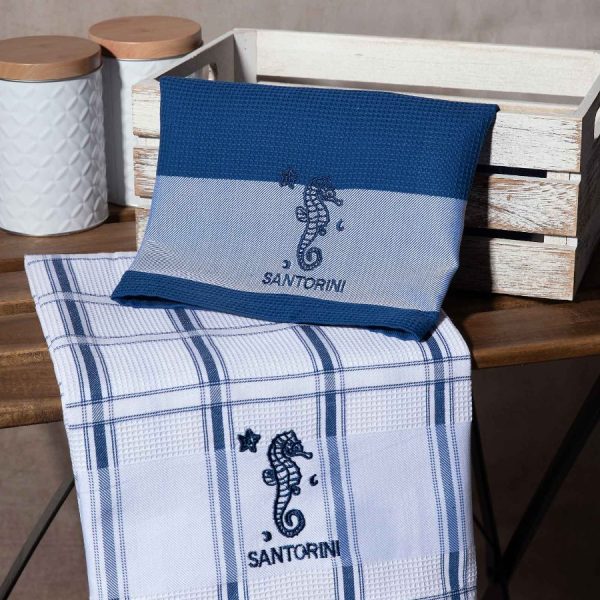 Σετ 2 τεμαχίων ποτηρόπανα (50cm x 70cm) μπλέ ιππόκαμπος SANTORINI SilkFashion