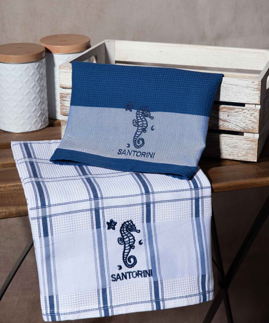 santorini-mple-ippokampos Σετ 2 τεμαχίων ποτηρόπανα (50cm x 70cm) μπλέ ιππόκαμπος SANTORINI SilkFashion - Image 1