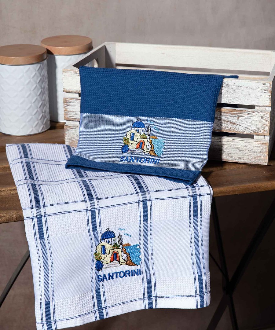 santorini-mple-naos Σετ 2 τεμαχίων ποτηρόπανα (50cm x 70cm) μπλέ εκκλησία SANTORINI SilkFashion - Image 1