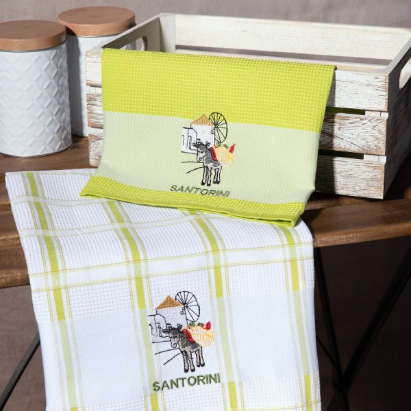 Σετ 2 τεμαχίων ποτηρόπανα (50cm x 70cm) ανεμόμυλος πράσινο SANTORINI SilkFashion