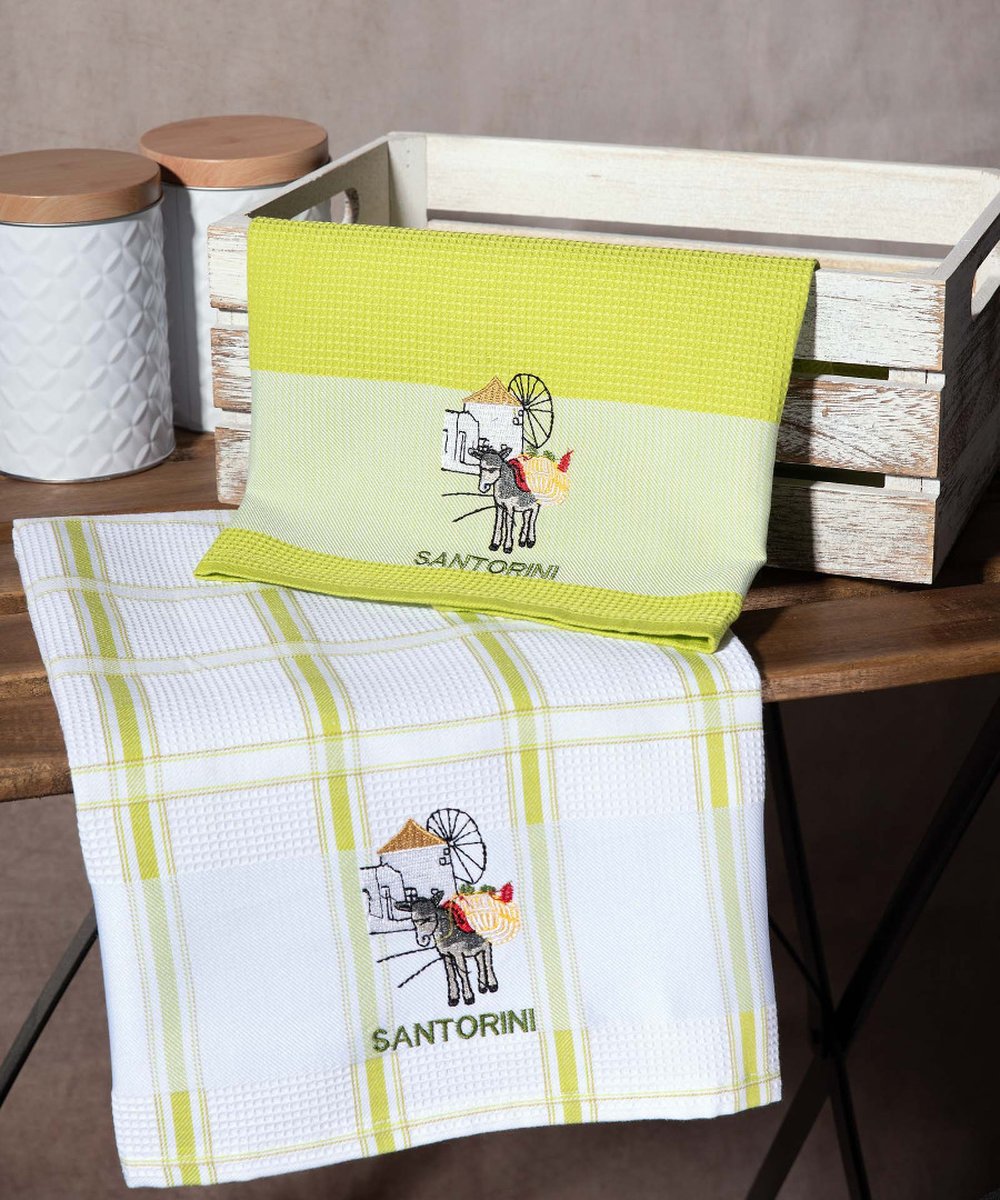 santorini-prasino-anemomylos Σετ 2 τεμαχίων ποτηρόπανα (50cm x 70cm) ανεμόμυλος πράσινο SANTORINI SilkFashion - Image 1