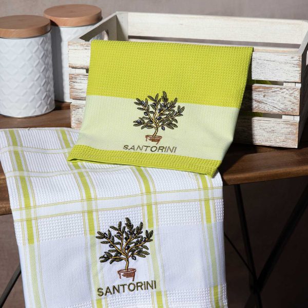 Σετ 2 τεμαχίων ποτηρόπανα (50cm x 70cm) γλάστρα πράσινο SANTORINI SilkFashion