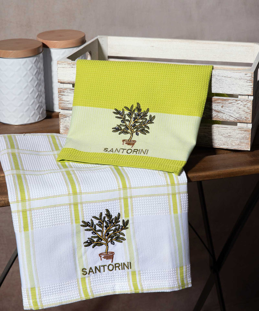 santorini-prasino-glastra Σετ 2 τεμαχίων ποτηρόπανα (50cm x 70cm) γλάστρα πράσινο SANTORINI SilkFashion - Image 1