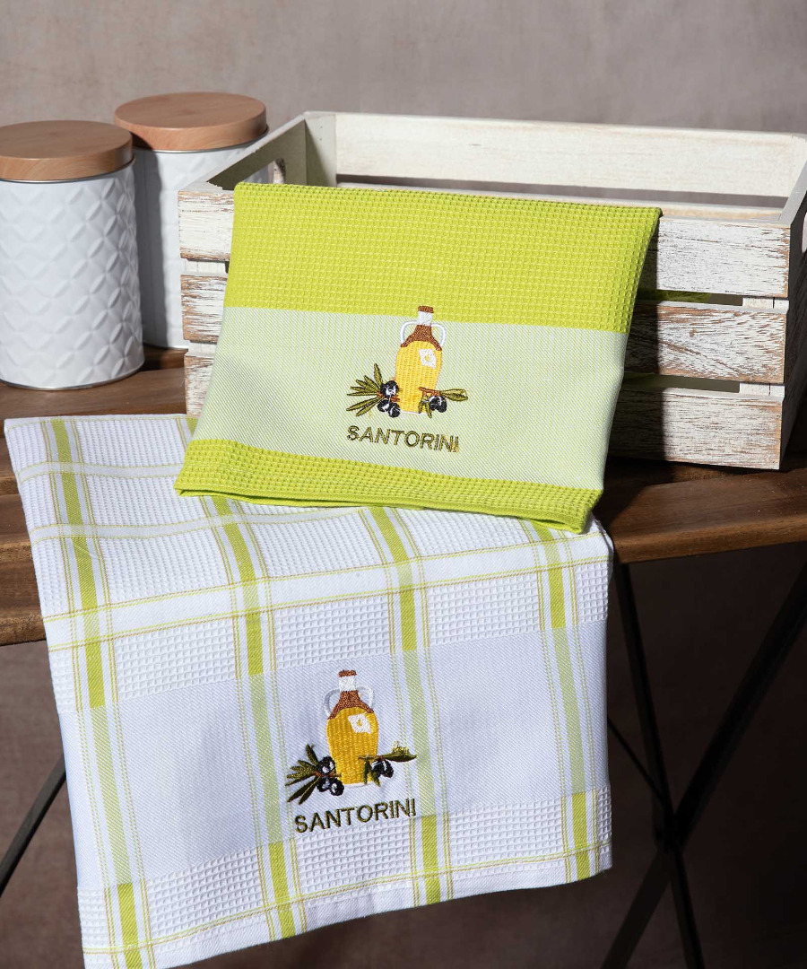 santorini-prasino-mpotilia Σετ 2 τεμαχίων ποτηρόπανα (50cm x 70cm) μπουκάλι πράσινο SANTORINI SilkFashion - Image 1