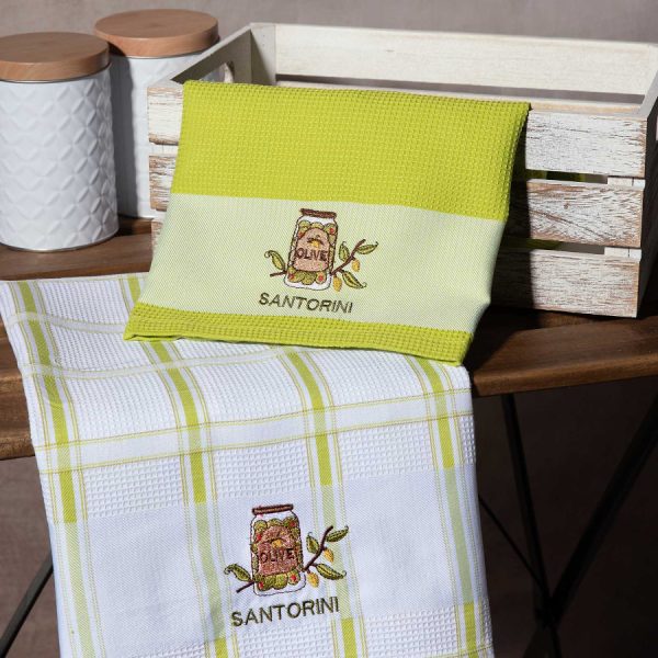 Σετ 2 τεμαχίων ποτηρόπανα (50cm x 70cm) βάζο πράσινο SANTORINI SilkFashion