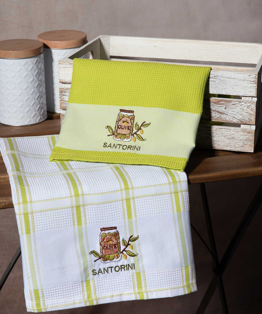 santorini-prasino-vazo Σετ 2 τεμαχίων ποτηρόπανα (50cm x 70cm) βάζο πράσινο SANTORINI SilkFashion - Image 1