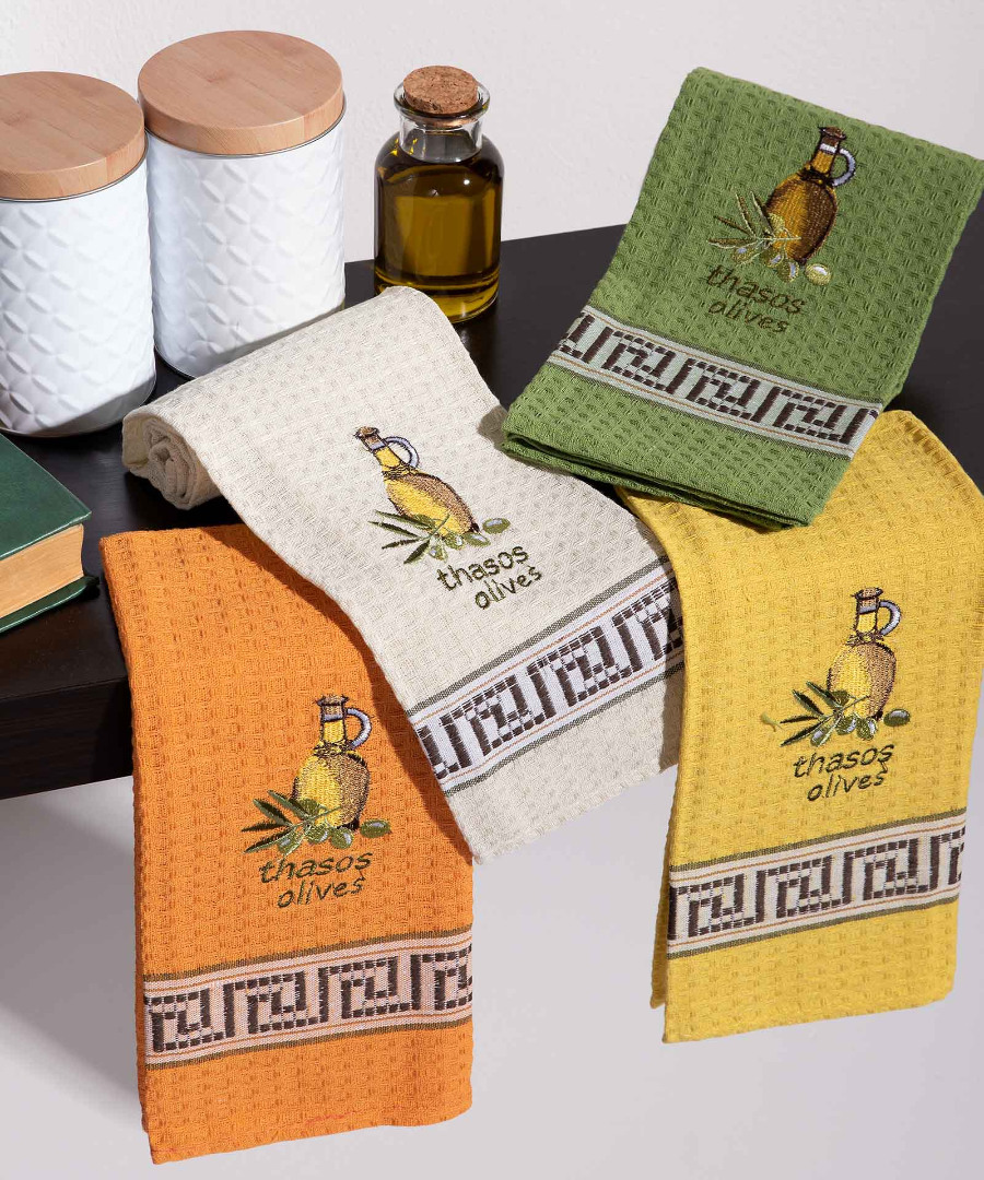 thasos-mpotilia Σετ 12 τεμαχίων ποτηρόπανα (45cm x 65cm) μπουκάλι λάδι THASOS SilkFashion - Image 1