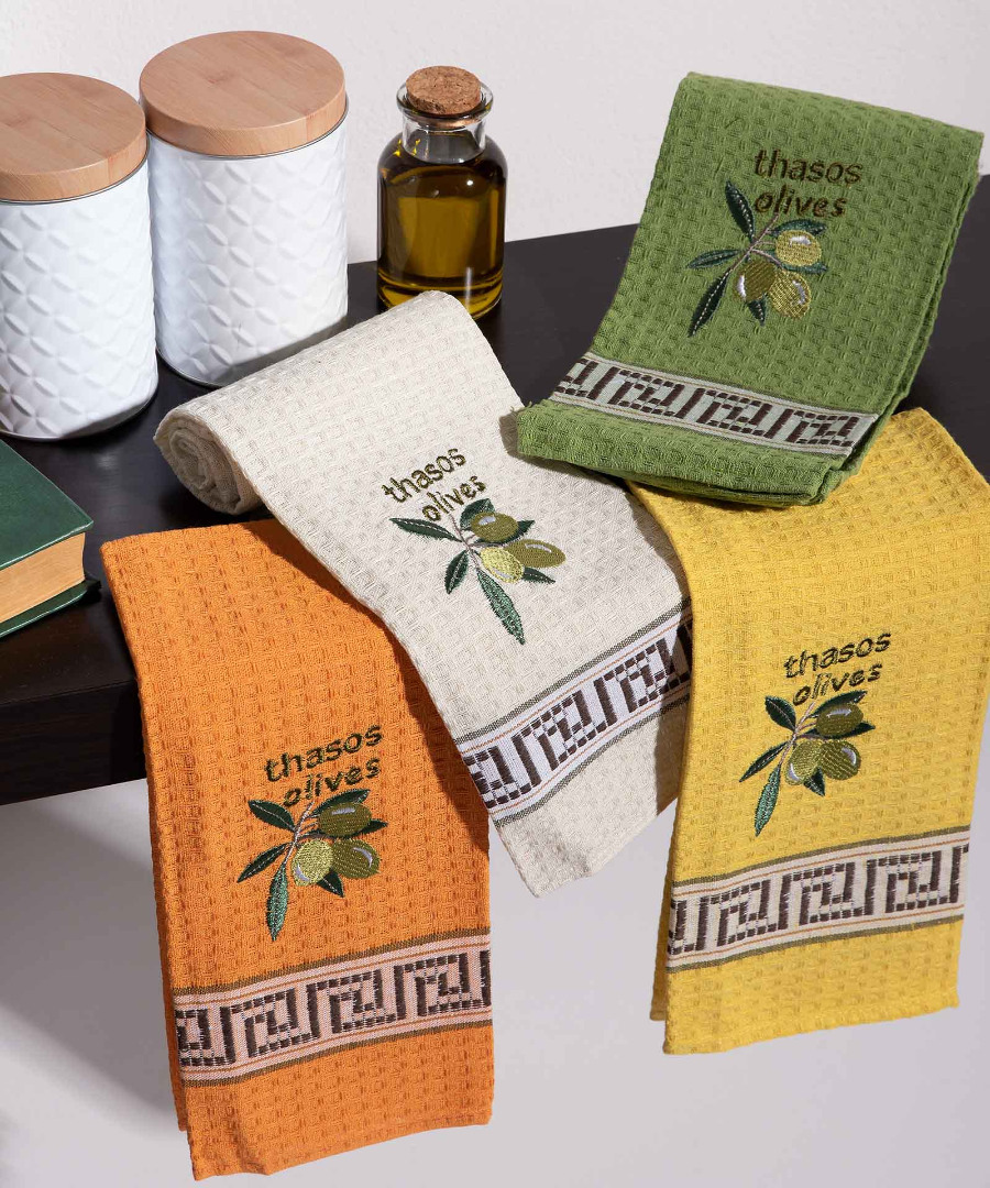thasos-olives Σετ 12 τεμαχίων ποτηρόπανα (45cm x 65cm) καρπός ελιάς THASOS SilkFashion - Image 1