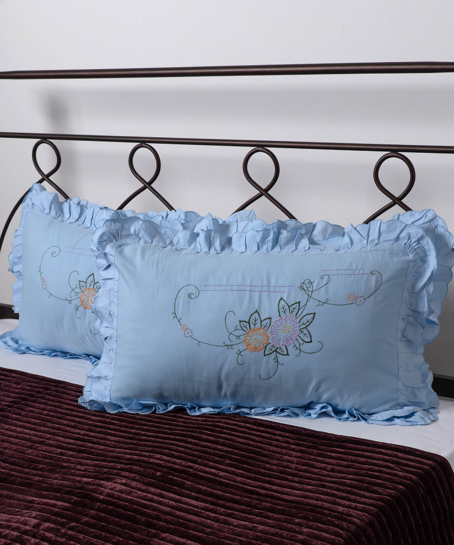 volansiel Βαμβακερή μαξιλαροθήκη με βολάν και κέντημα (40cm x 65cm) σιέλ ζευγάρι SilkFashion - Image 1