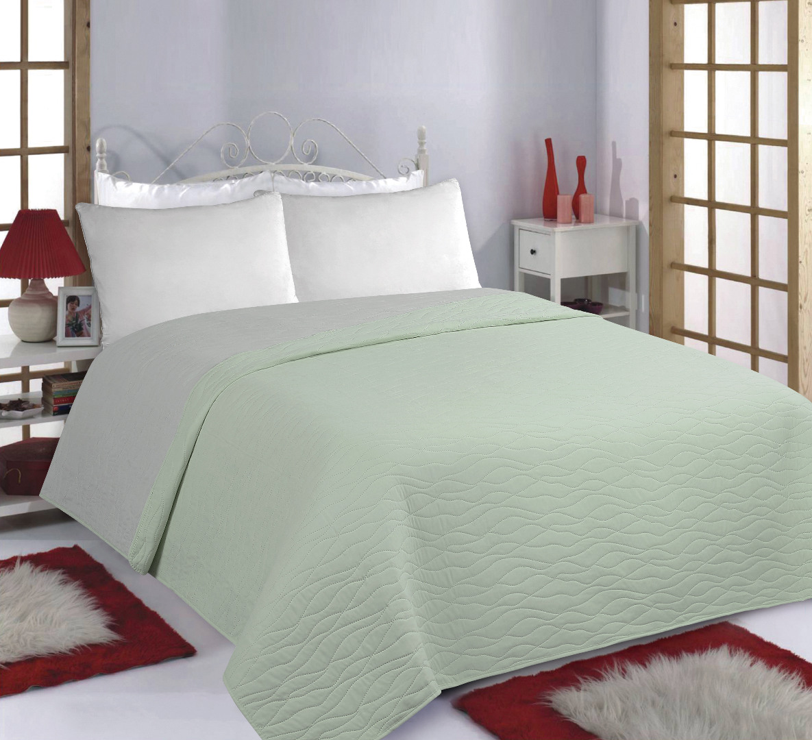 wavesmintgrey-2 ΚΟΥΒΕΡΛΙ σετ (170cm x 220cm) WAVES mint/grey SilkFashion - Image 1