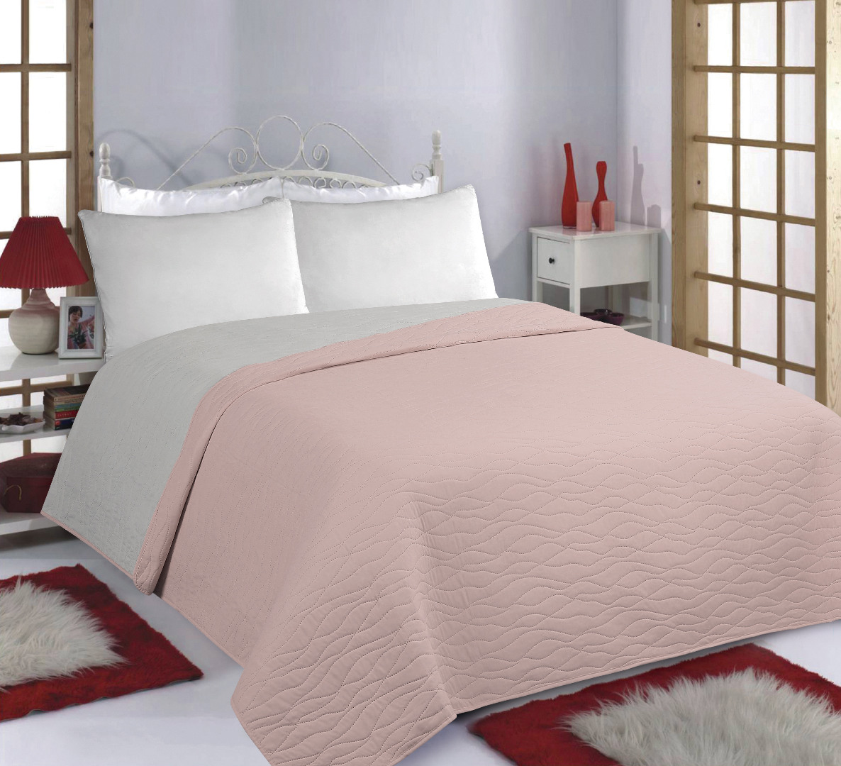 wavespinkgrey-2 ΚΟΥΒΕΡΛΙ σετ (170cm x 220cm) WAVES pink/grey SilkFashion - Image 1