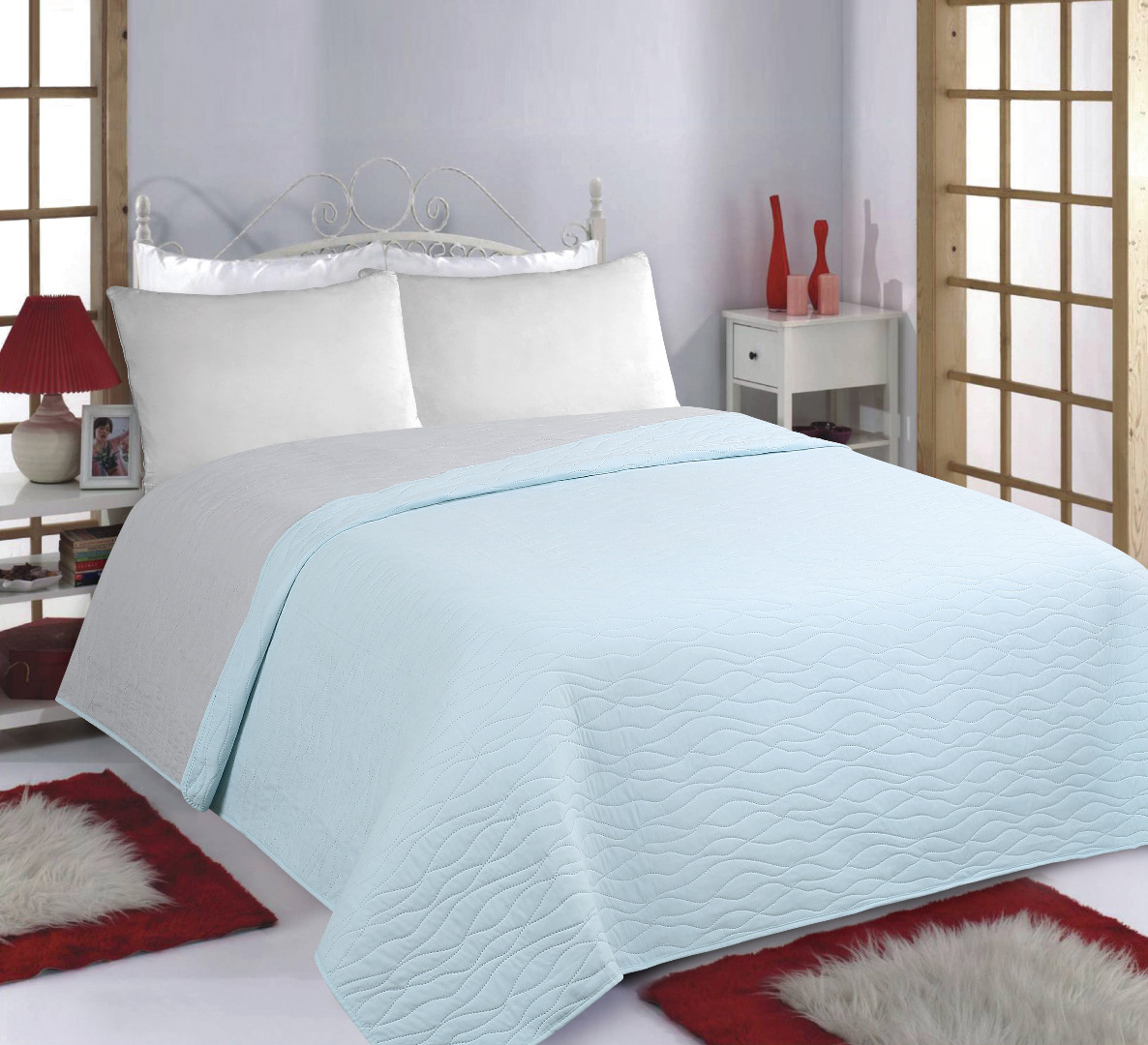 wavesskybluegrey-1 ΚΟΥΒΕΡΛΙ σετ (220cm x 240cm) WAVES sky blue/ grey SilkFashion - Image 1