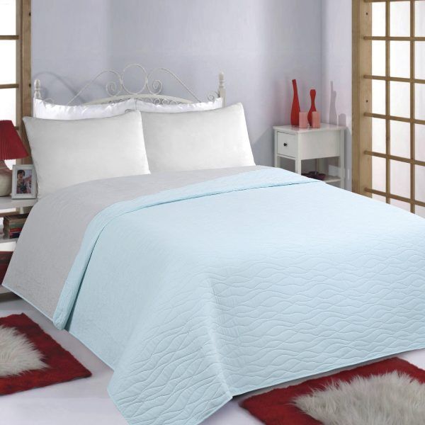 ΚΟΥΒΕΡΛΙ σετ (240cm x 260cm) WAVES sky blue/ grey SilkFashion