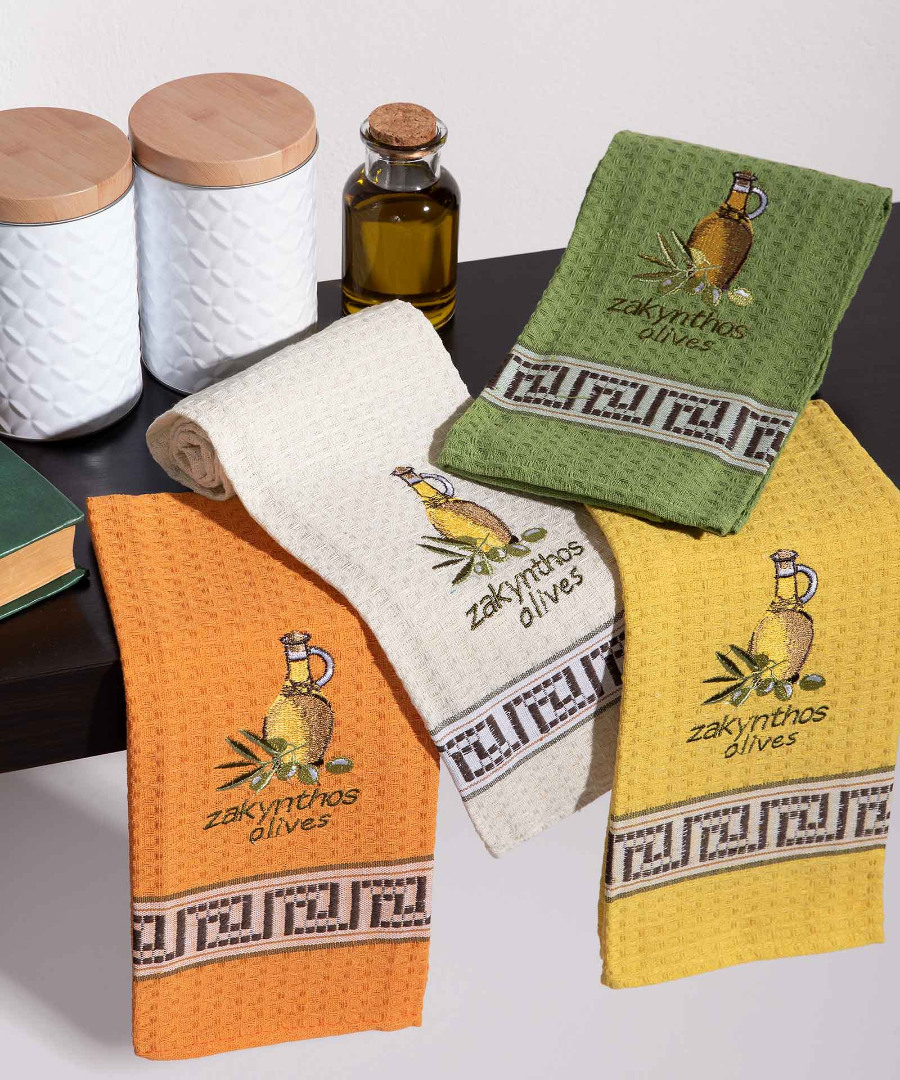 zakynthos-mpotilia Σετ 12 τεμαχίων ποτηρόπανα (45cm x 65cm) μπουκάλι λάδι ZAKYNTHOS SilkFashion - Image 1
