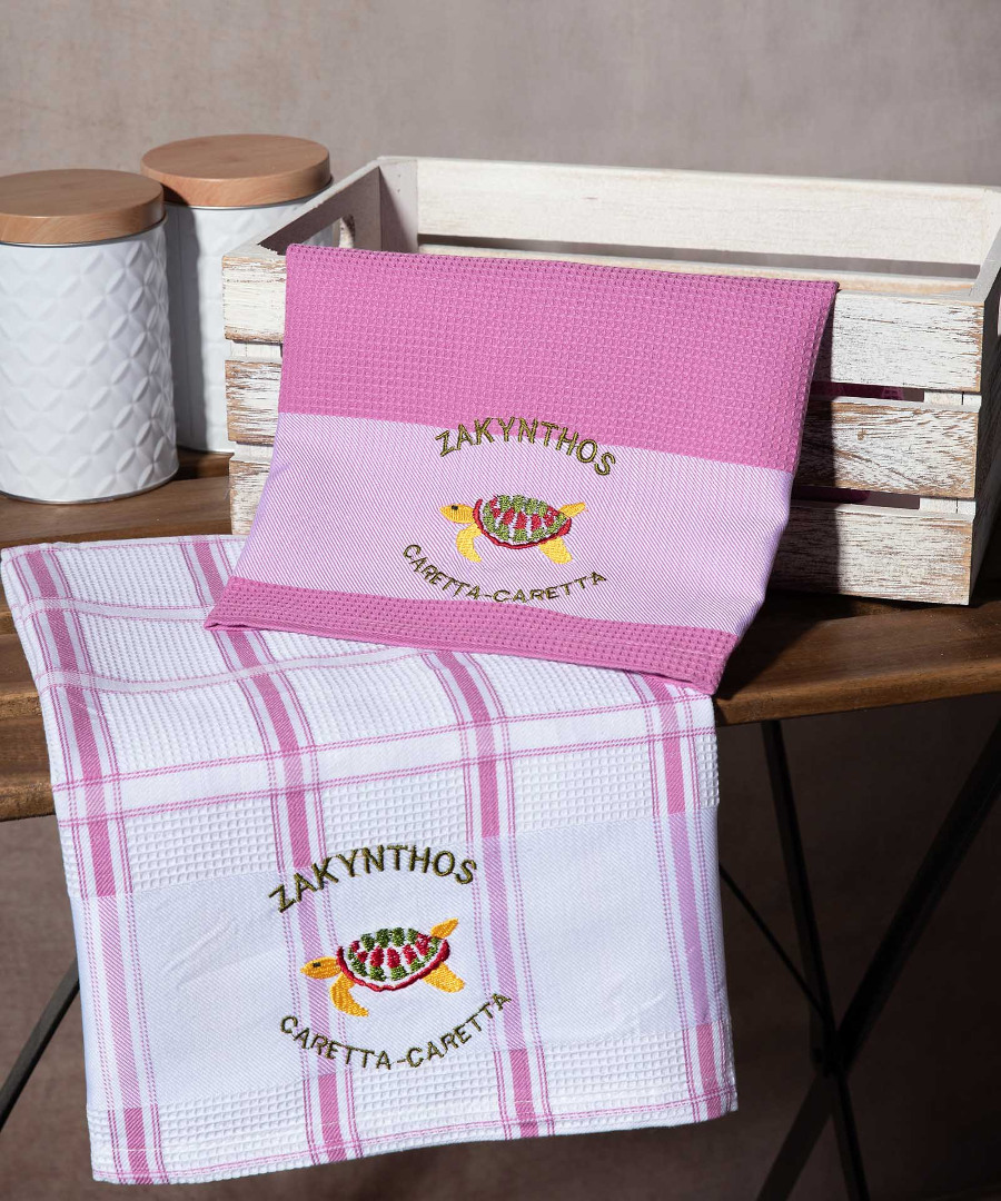zakynthos-roz-karetta Σετ 2 τεμαχίων ποτηρόπανα (50cm x 70cm) ρόζ CARETA CARETA ZAKYNTHOS SilkFashion - Image 1