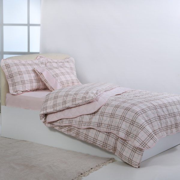Υπέρδιπλο βαμβακερό κουβερλί (220cm x 240cm) καρρώ ρόζ SilkFashion