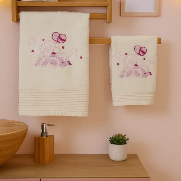 Σετ Πετσέτες Βρεφικές 2 Τεμαχίων  Cosmin Bear Ecrou+Pink