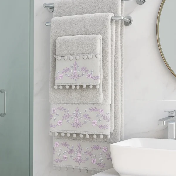 Σετ Πετσέτες 3 Τεμαχιων Cosmin Design Grey+pom pom